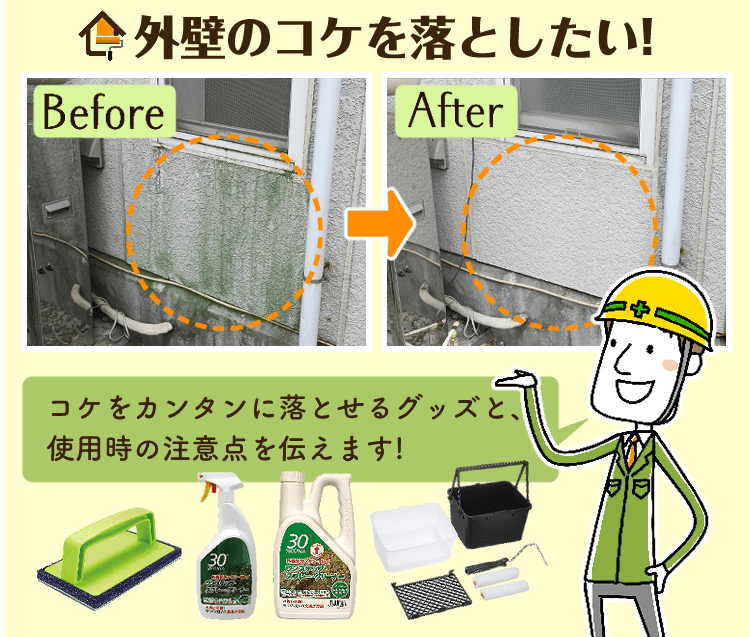 外壁のコケを落とすようす